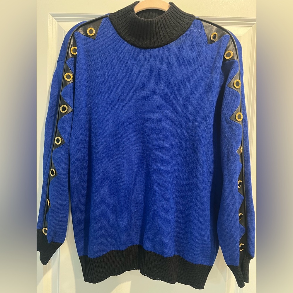 Elegant Blue Crewneck Sweater with Real Leather Trim and Buttons